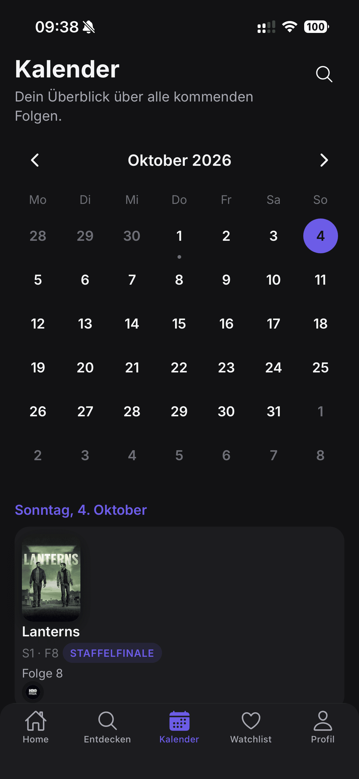 Showli-Kalender mit Monatsansicht und kommenden Folgen