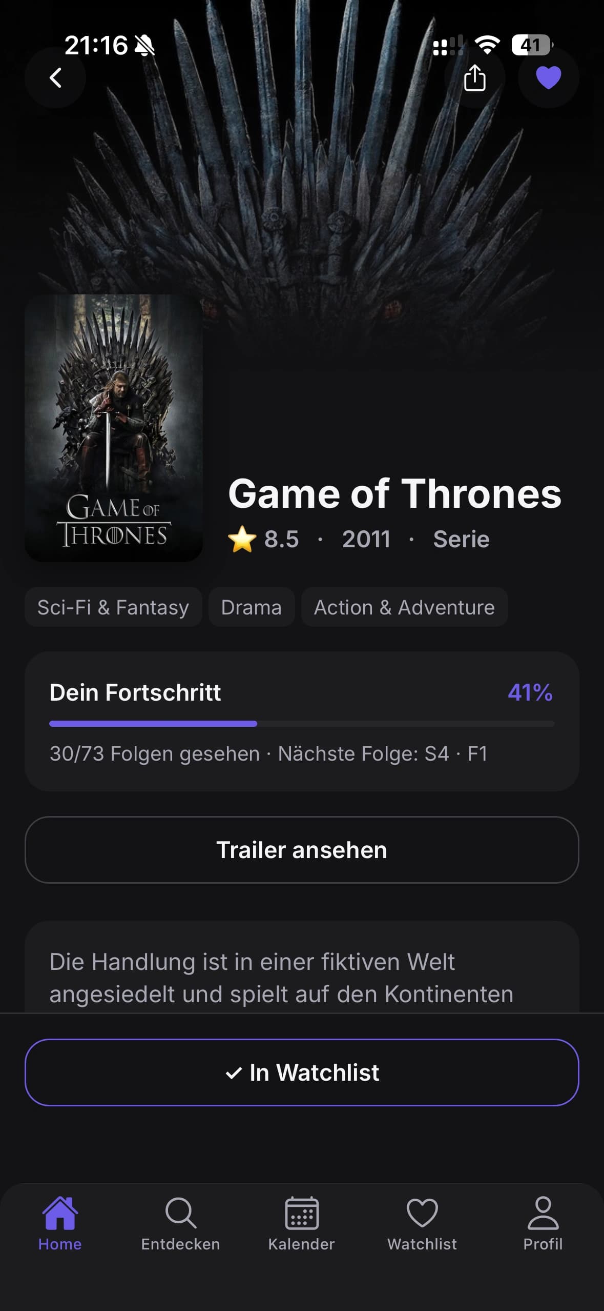 Detailseite mit Staffeln und Streaming-Verfügbarkeit