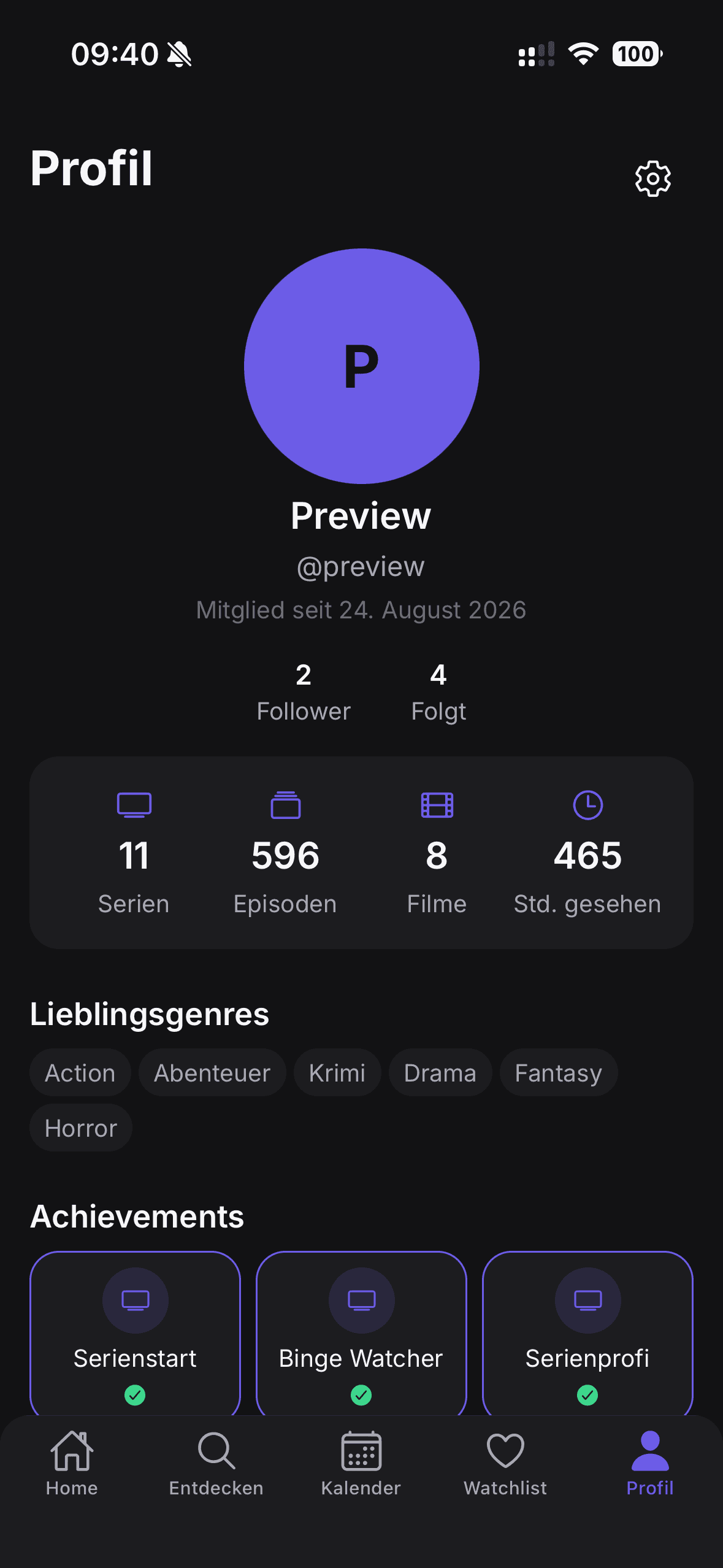 Profil mit Followern, gesehenen Episoden, Stunden und Achievements