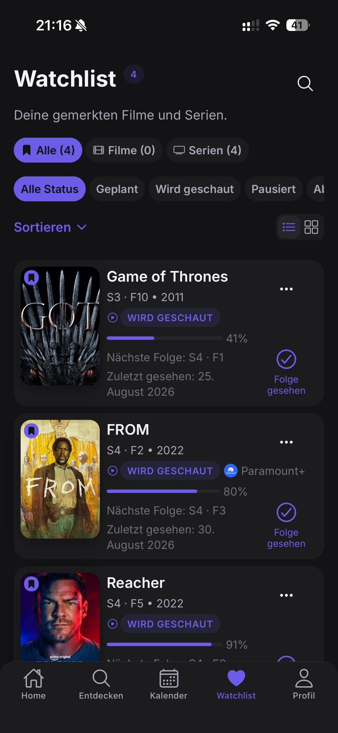 Watchlist mit Status und Fortschritt